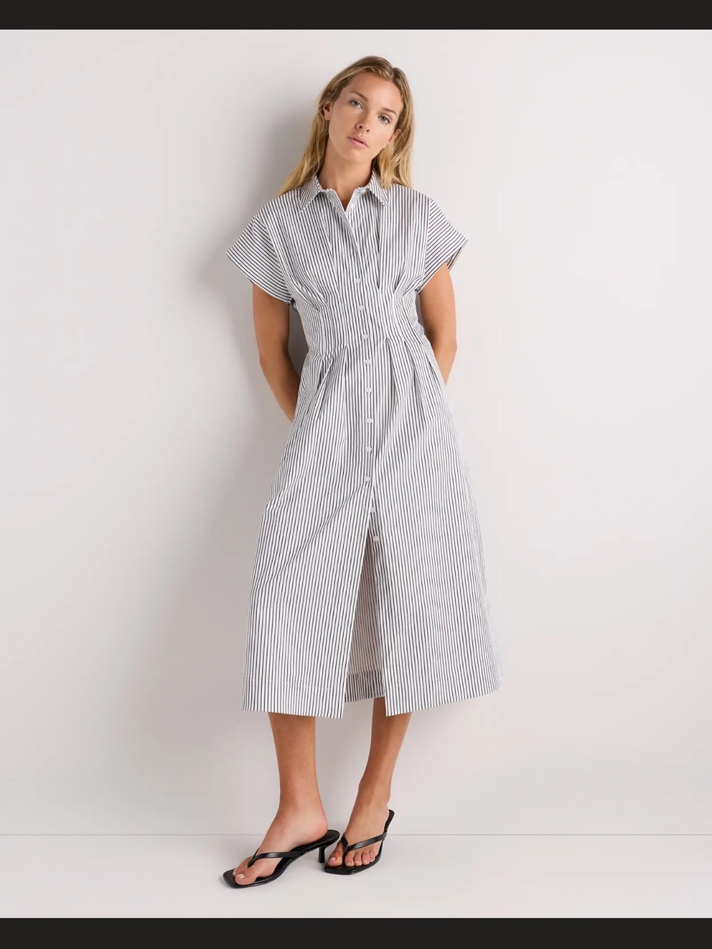Stretch Twill Pleated Midi Shirt Dress